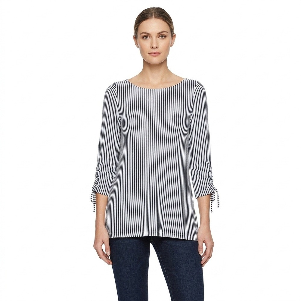 Max Studio Blouse Womens XL Navy White Striped Tie Sleeve Boat Neck Tunic Knit